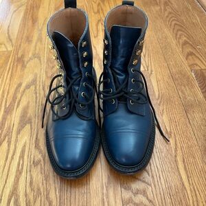 Tricker's Navy Leather Boots with Gold Eyelets
